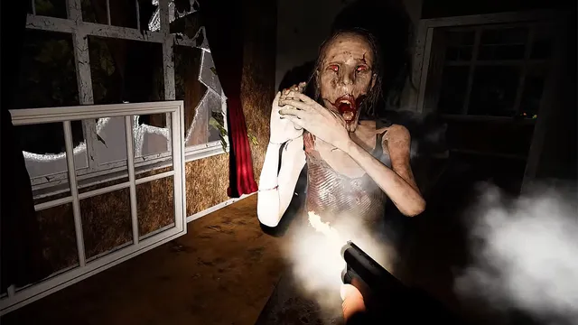 Sinister Halloween screenshot: a pale, bloodied ghost woman steps through a broken window as the player fires