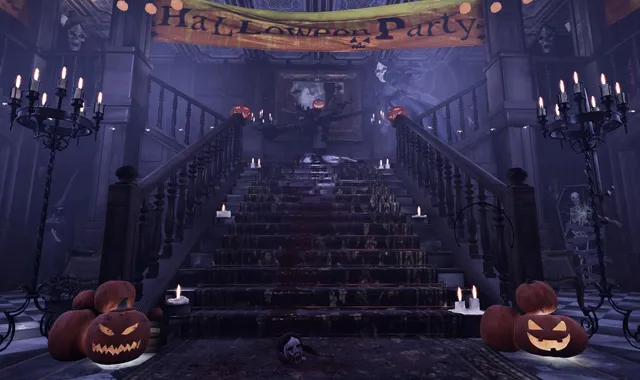 Sinister Halloween screenshot: a grand candlelit staircase with pumpkins under a Halloween Party banner