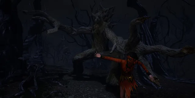 Sinister Halloween screenshot: a girl in an orange costume caught by a living tree in a dark forest