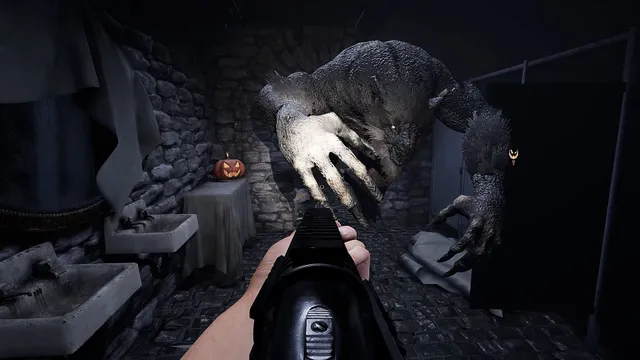 Sinister Halloween screenshot: a werewolf lunges at the player's pistol in a stone washroom with a pumpkin on the side