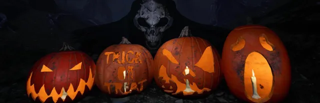 Sinister Halloween key art: four carved jack-o'-lanterns, one reading Trick or Treat, under a skull