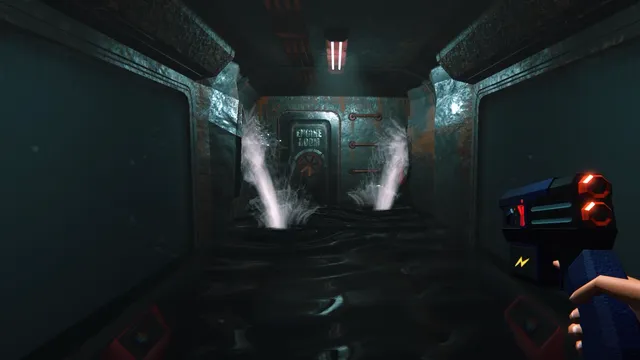 Water spraying through breaches in a metal corridor that is flooding, a welding gun in hand
