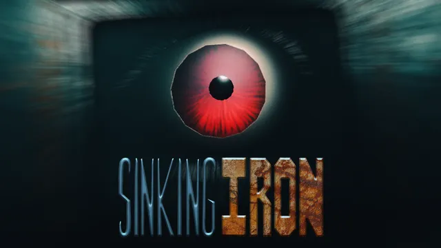 Sinking Iron title art: a huge red eye staring from the end of a dark metal corridor above the rusted title