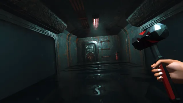 Black water covering the floor of a corridor in front of the engine room door, a hammer in hand
