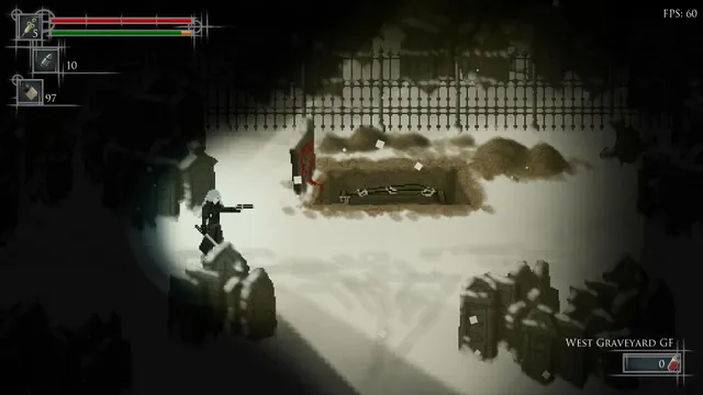 The hero aiming a hand cannon across a snow-covered graveyard beside an open grave