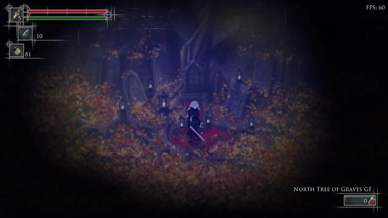 A white-haired swordsman among graves and lanterns under a great tree, on blood-red autumn leaves