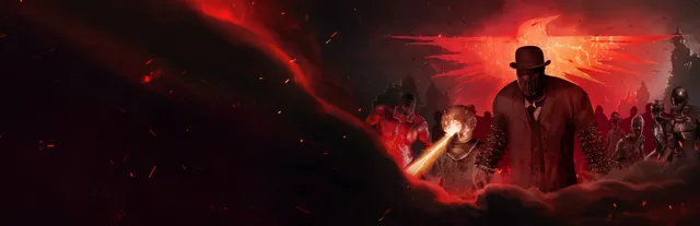 Sker Ritual key art: a masked man in a bowler hat leads a crowd of monsters out of red smoke under a fiery bird emblem