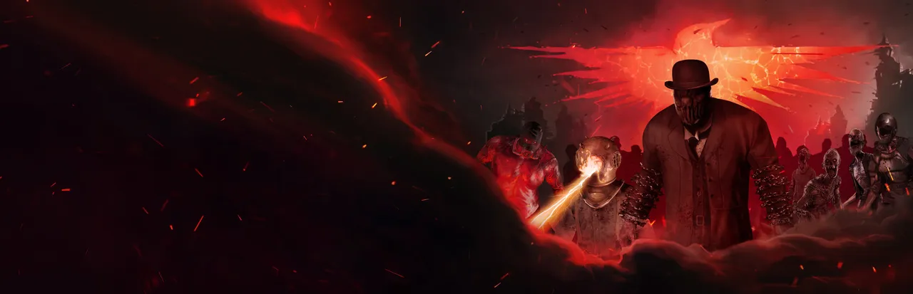 Sker Ritual key art: a masked man in a bowler hat leads a crowd of monsters out of red smoke under a fiery bird emblem