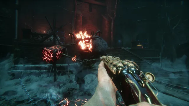A horned boss with a burning face and a glowing hammer looms over the player in a dark courtyard