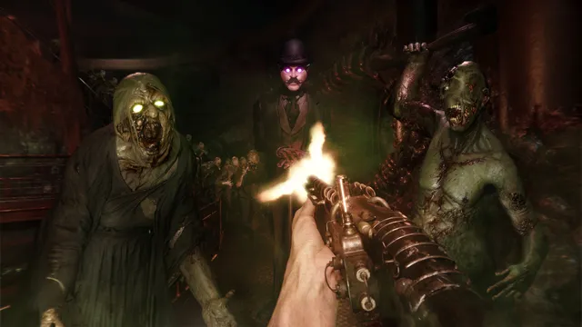 Firing a brass steampunk gun at rotting Quiet Ones and a glowing-eyed man in a top hat in a dark corridor