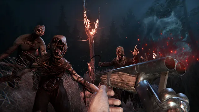 Screaming, skinless creatures rush the player's double-barrelled shotgun in a burning forest at night
