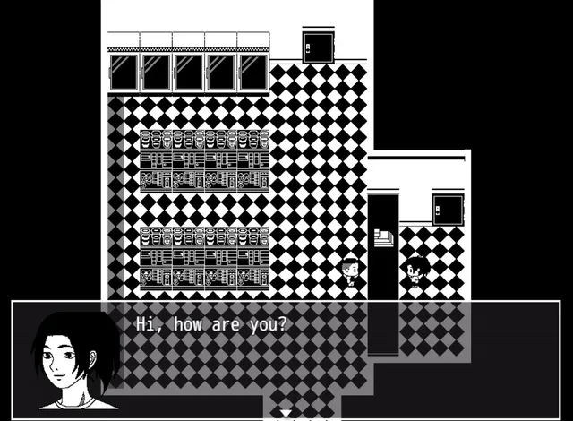 Skin Deep screenshot: inside the black-and-white mini mart with checkerboard floor and shelves, a customer greets Sam with 'Hi, how are you?' beside his manga-style portrait