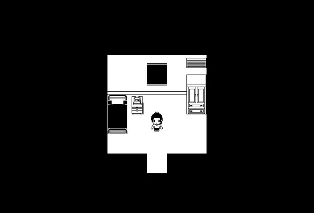 Skin Deep screenshot: Sam stands in her small white pixel-art bedroom with a bed, bedside table and wardrobe, surrounded by darkness