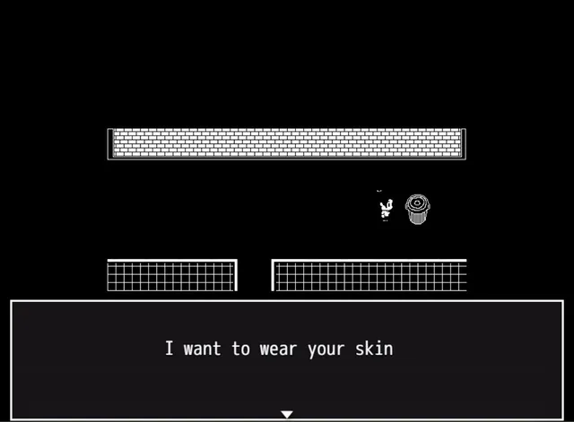 Skin Deep screenshot: a tiny figure by a trash can in a dark alley under a brick wall, with the message 'I want to wear your skin'