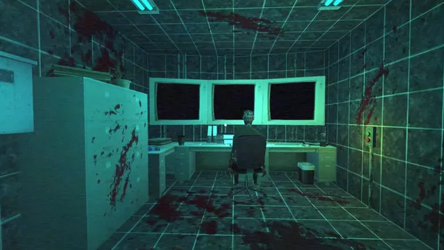 A blood-spattered office in green light, a figure slumped at a desk under three dark windows