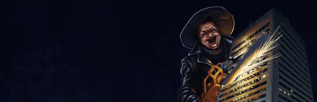 Skinfreak key art: a grinning killer in a wide hat and leather coat revs a chainsaw beside a lit office tower at night