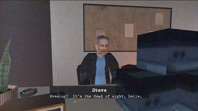 Belle's boss Steve at his desk, remarking that it is the dead of night