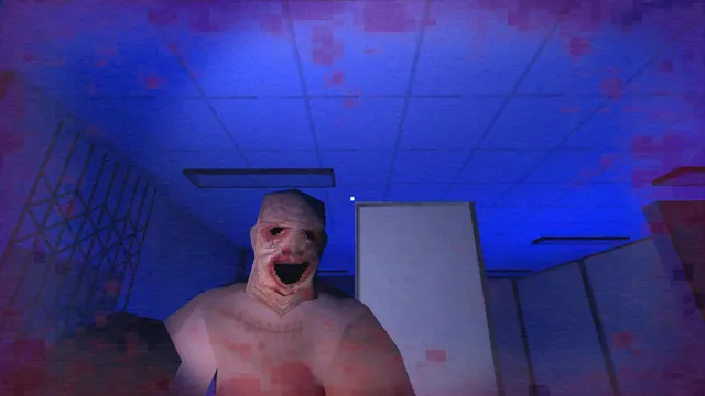 The skinless, grinning Skinfreak looms in a blue-lit corridor