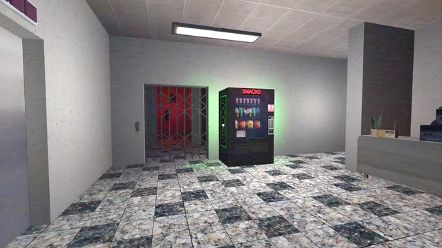 The office tower's lobby with a vending machine and a red-lit lift behind a grille