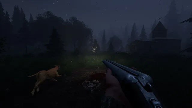 A hunter with a shotgun and a dog near a bear trap in a dark clearing, an old church behind and a pale figure in the trees