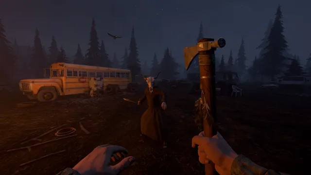 A robed figure in an animal skull mask with a blade approaches the player's tomahawk by an abandoned school bus