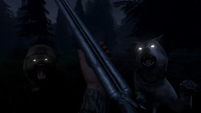A bear and a wolf with glowing eyes lunge at the player out of the dark