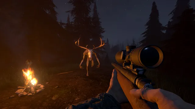 A pale antlered creature with a deer skull for a head stands by a campfire in a night forest, facing the hunter's scoped rifle