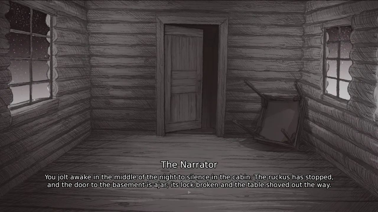Slay the Princess screenshot: inside the empty cabin at night, the basement door stands ajar with its lock broken