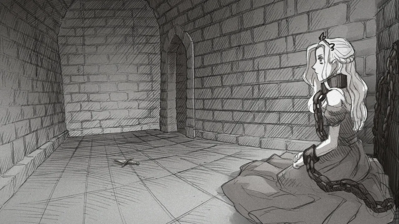 Slay the Princess screenshot: the princess, chained by her neck and wrists, sits on the floor of a stone basement, a knife lying on the tiles