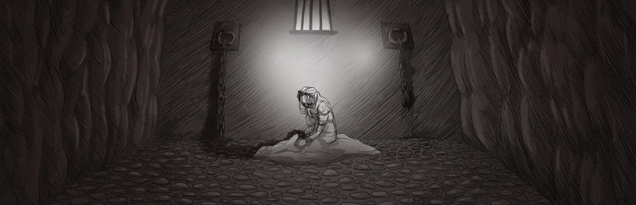 Slay the Princess key art: a pencil-drawn princess kneels in chains on the floor of a dim stone basement under a barred window