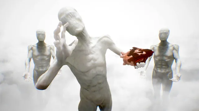 Pale, faceless humanoid figures in white fog, one holding out a bloody heart
