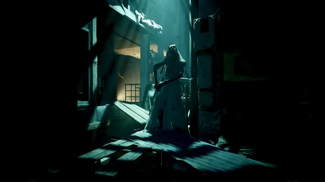 A gaunt figure in a white robe stands on broken boards in a dark alley lit by shafts of blue light