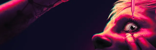 SLEEP AWAKE key art: a wide-eyed woman held open by her fingers as a dropper lets a drop fall toward her eye, in pink and purple light