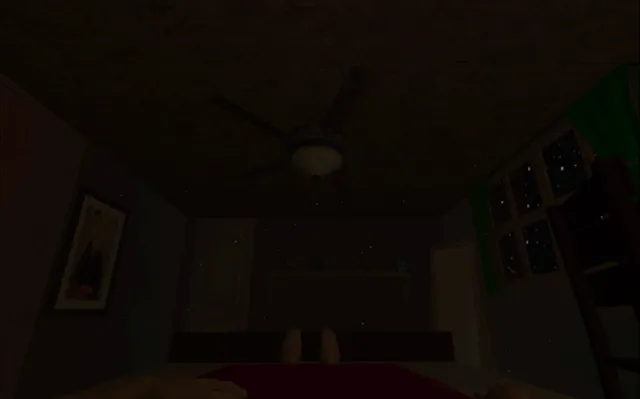 sleepless screenshot: the view from the pillow across a dim bedroom to the door, with a framed picture on the wall