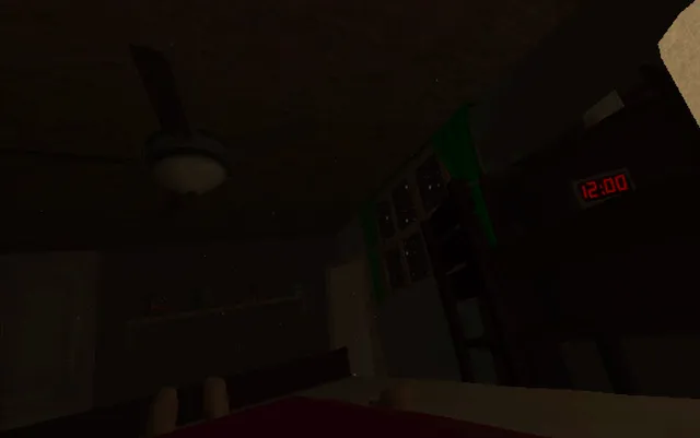 sleepless screenshot: looking up from the bed at a dark low-poly bedroom with a ceiling fan, a window and a red clock reading 12:00