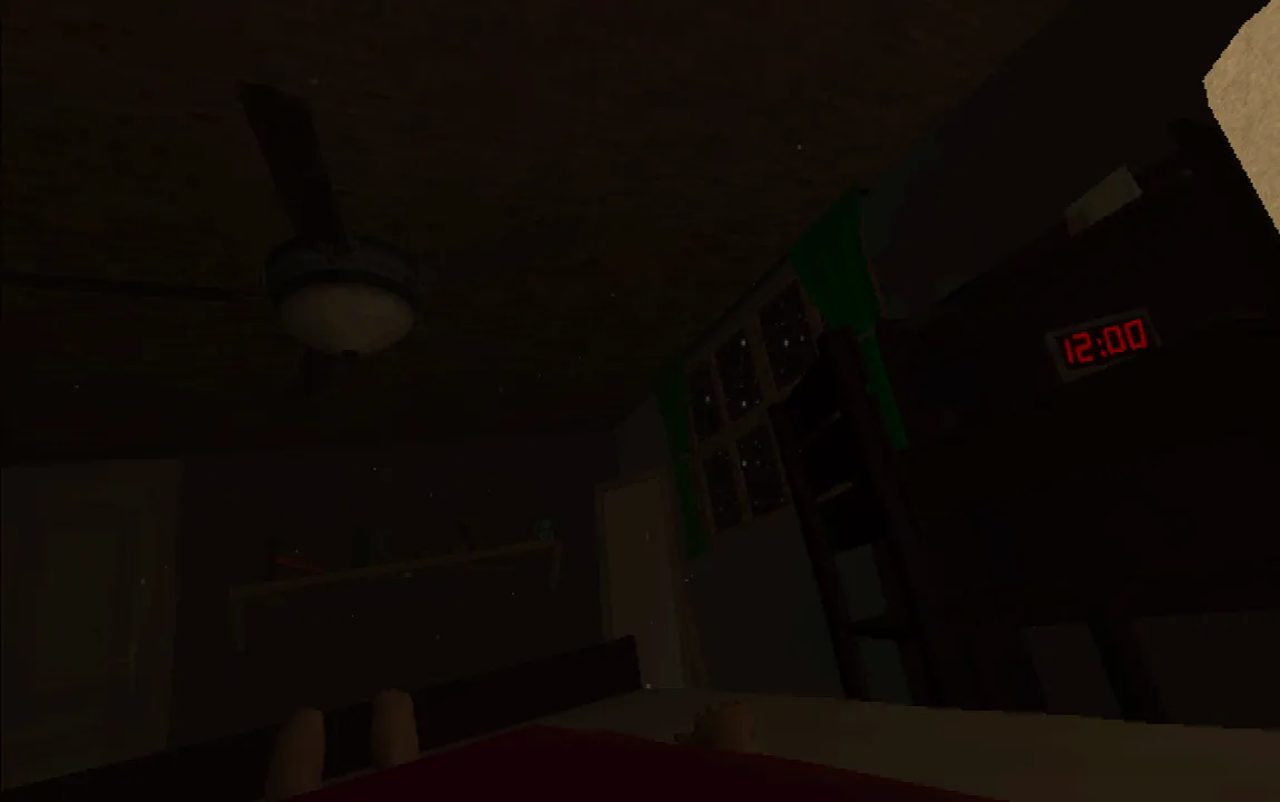 sleepless screenshot: looking up from the bed at a dark low-poly bedroom with a ceiling fan, a window and a red clock reading 12:00