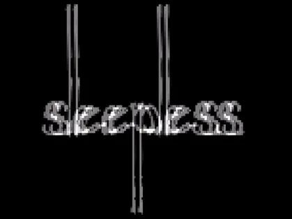 sleepless title: the word sleepless in pale dripping letters on black, crossed by thin vertical lines