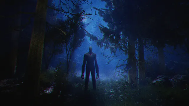 Slender Man standing between tall trees in a blue-lit night forest