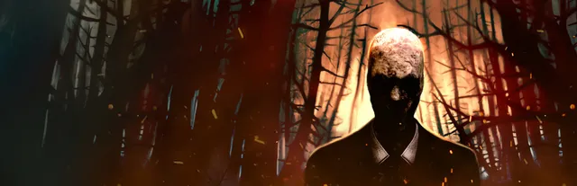 Slender: The Arrival key art: the faceless Slender Man in a dark suit in front of a forest lit orange by fire