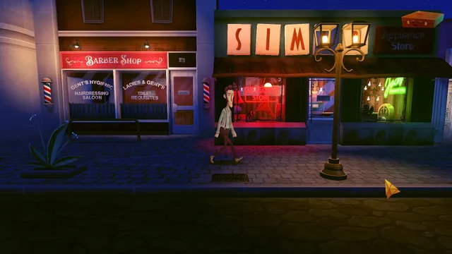 Harvey walks past a barber shop and a lit shop front on a town street at night