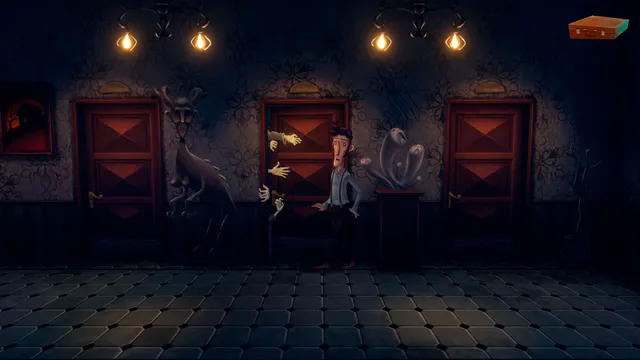 Harvey stands in a hallway of red doors while hands push out of the middle door