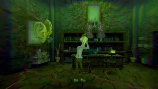 Harvey clutches his head in a study warped by a green vision
