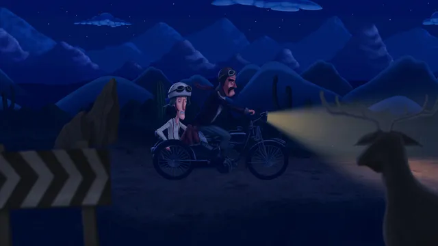 Harvey rides in a motorcycle sidecar at night as the headlight catches a deer on the road