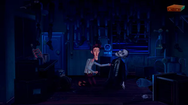 Harvey kneels beside a pale man slumped on the floor of a dark workshop