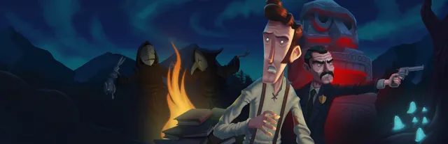 Slender Threads key art: a frightened Harvey Green by a fire, hooded figures in bird masks behind him and a mustached man aiming a revolver