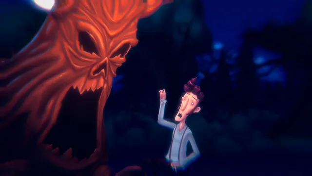 Harvey stares up at a huge red tree with a screaming, skull-like face
