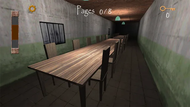 Slendrina: Asylum screenshot: a long dining table with chairs in a green-walled asylum hall, with the pages counter and health bar