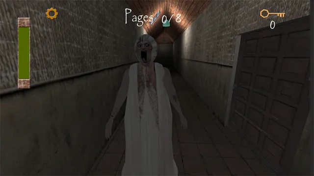 Slendrina: Asylum screenshot: Slendrina's grey-haired mother in a bloodied white gown screams in a tiled asylum corridor