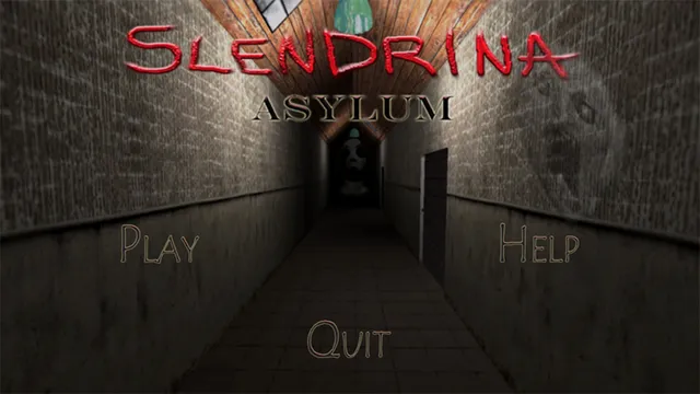 Slendrina: Asylum title screen: a long asylum corridor with a dark figure at the far end and a ghostly face on the wall
