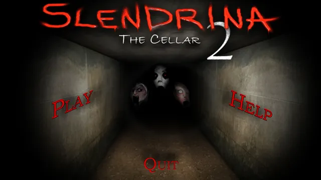 Slendrina: The Cellar 2 title screen: the pale faces of Slendrina, her mother and her baby float in a dark cellar corridor